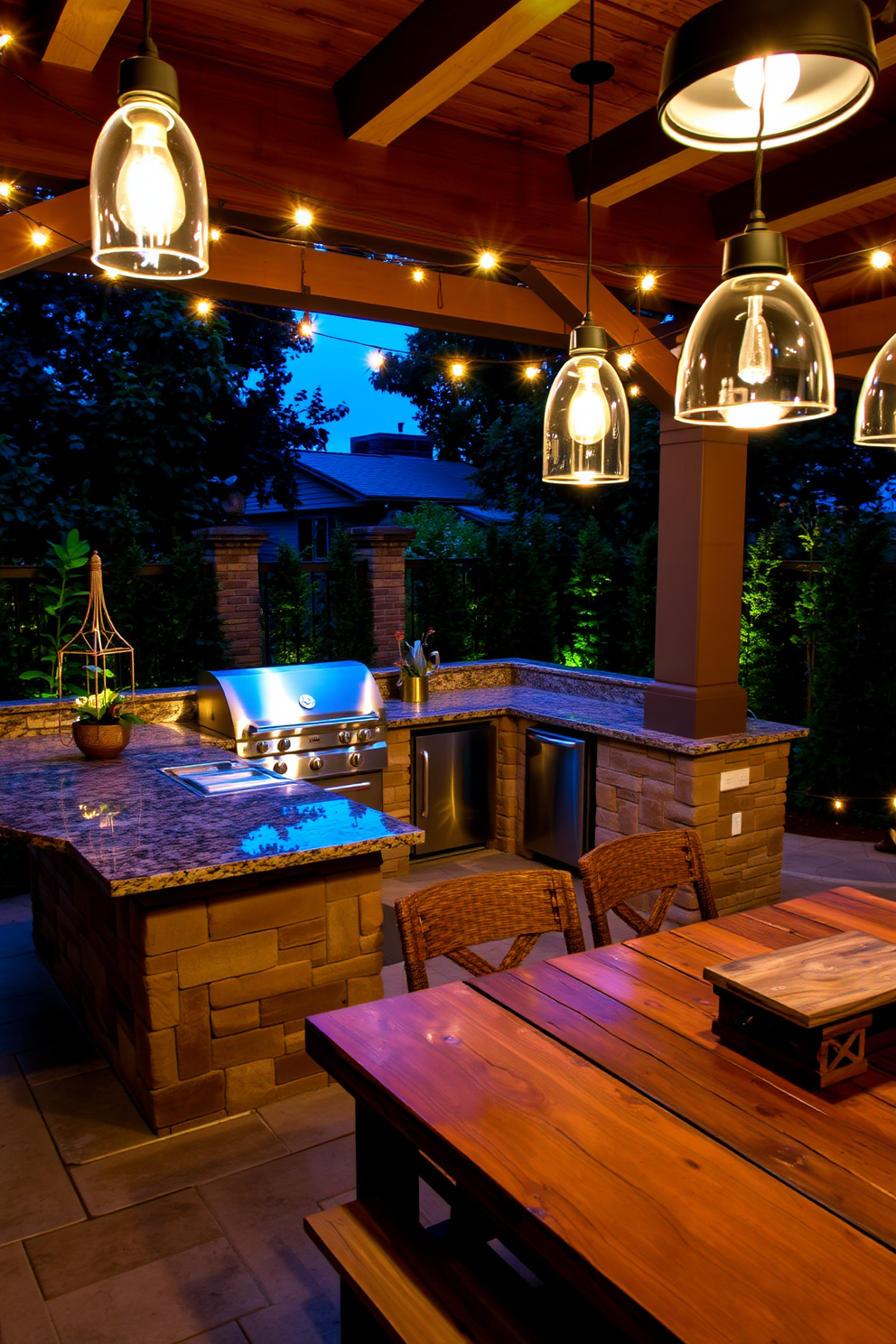 An inviting outdoor kitchen with integrated lighting that creates a warm evening ambiance. The space features a large stone grill island with bar seating, surrounded by lush greenery and ambient string lights overhead. The countertops are made of polished granite, complemented by sleek stainless steel appliances. A cozy dining area with a rustic wooden table is illuminated by pendant lights, perfect for gatherings under the stars.