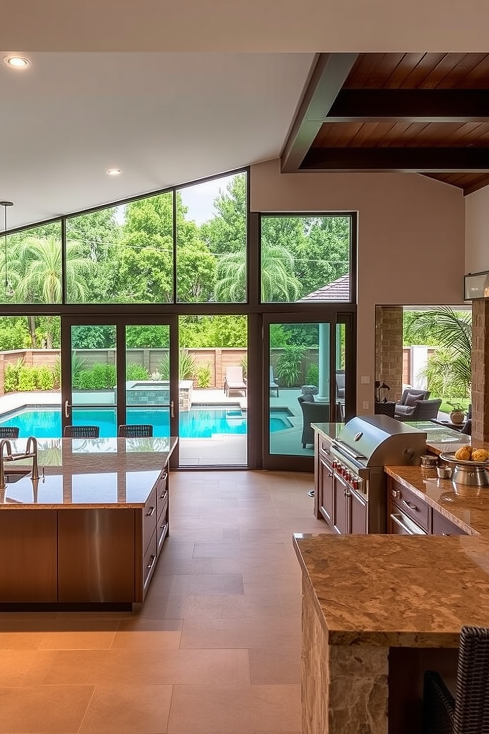 A bright outdoor kitchen features colorful tiles that create a vibrant atmosphere. The space includes a large island with a built-in grill and bar stools for casual dining. Surrounding the kitchen are lush green plants that provide a natural backdrop. A shaded pergola offers comfort and style, making it perfect for entertaining guests.