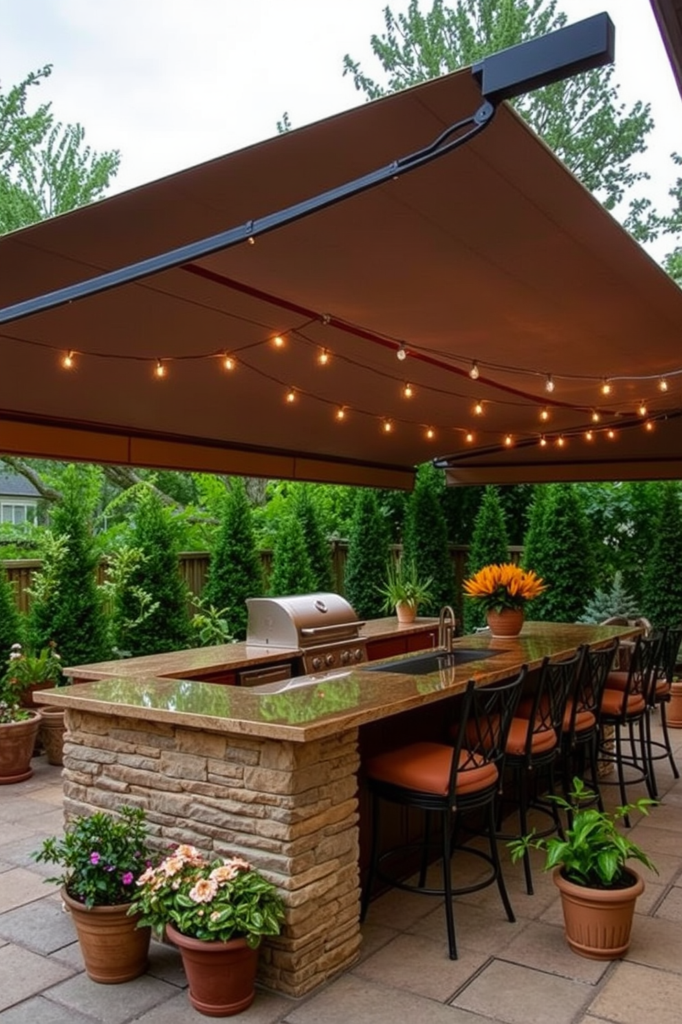 An inviting outdoor kitchen space features a large stone island with a built-in grill and bar seating. Surrounding the island are lush greenery and vibrant flowers, creating a serene atmosphere enhanced by soft ambient lighting options. The kitchen is equipped with stainless steel appliances and a rustic wooden pergola overhead. String lights drape elegantly across the space, providing a warm glow for evening gatherings.