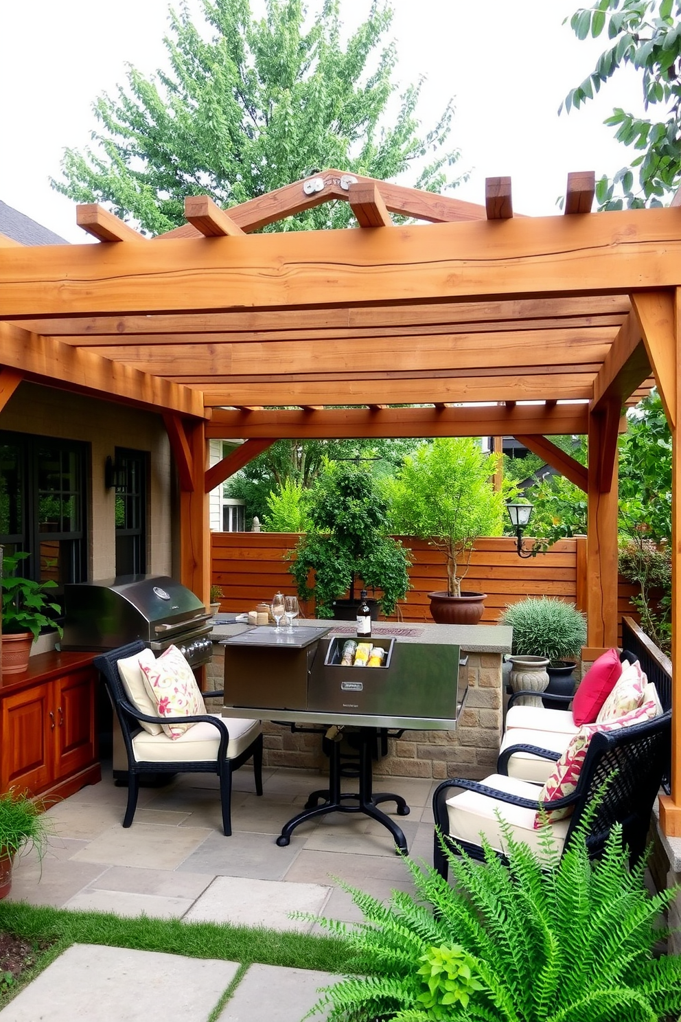 A rustic wooden pergola provides a charming outdoor dining space, featuring an integrated outdoor grill for cooking. The area is adorned with comfortable seating and surrounded by lush greenery, creating a warm and inviting atmosphere.