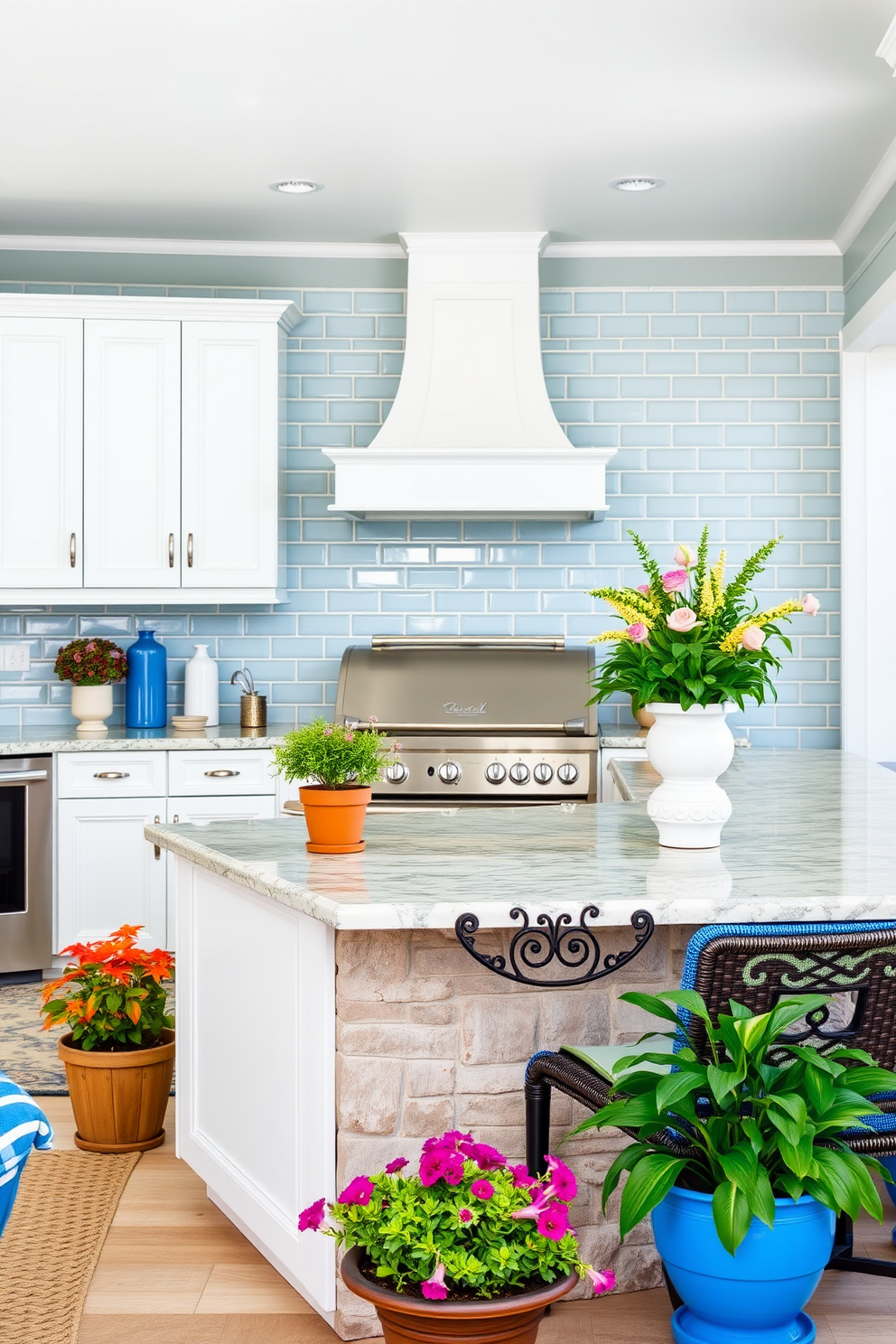 Coastal inspired kitchen with blue accents. The cabinetry is a soft white with brushed nickel hardware, and the backsplash features light blue tiles that evoke the ocean. Outdoor kitchen design ideas. There is a spacious countertop with a built-in grill, surrounded by comfortable seating and vibrant potted plants for a lively atmosphere.