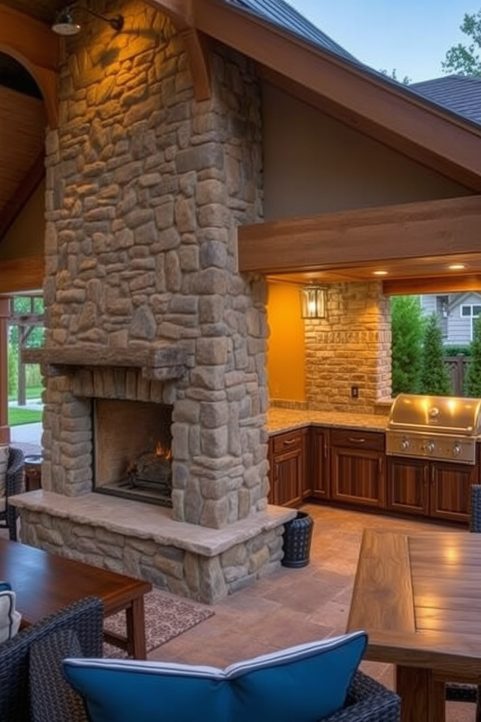 An outdoor kitchen featuring a stunning waterfall countertop made of polished granite. The space is surrounded by lush greenery and includes a built-in grill, a spacious island for dining, and elegant bar stools.