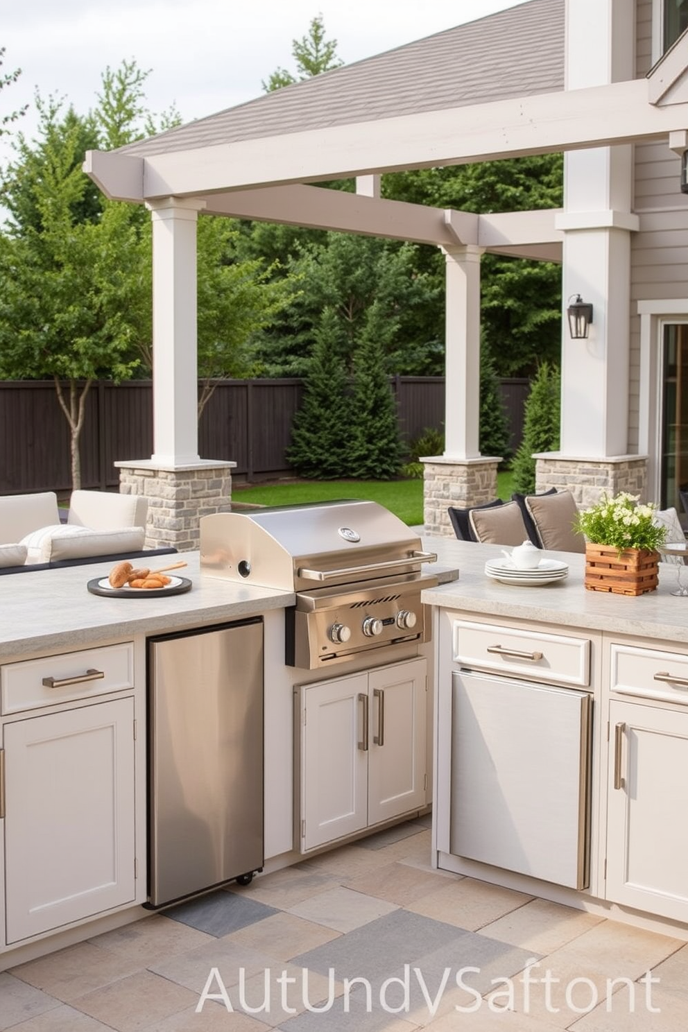 A family-friendly outdoor kitchen features a spacious island with a built-in grill and ample counter space for food preparation. Surrounding the island are comfortable seating options, including cushioned bar stools and a dining table, perfect for gatherings and meals.