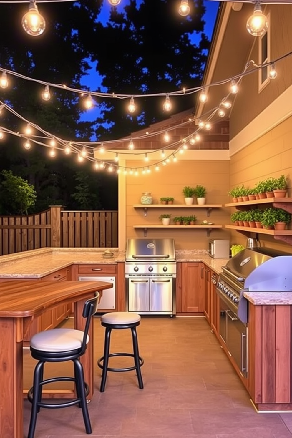 A cozy outdoor kitchen setting illuminated by charming bistro lights strung overhead. The kitchen features a large wooden island with bar stools, a built-in grill, and shelves adorned with potted herbs.