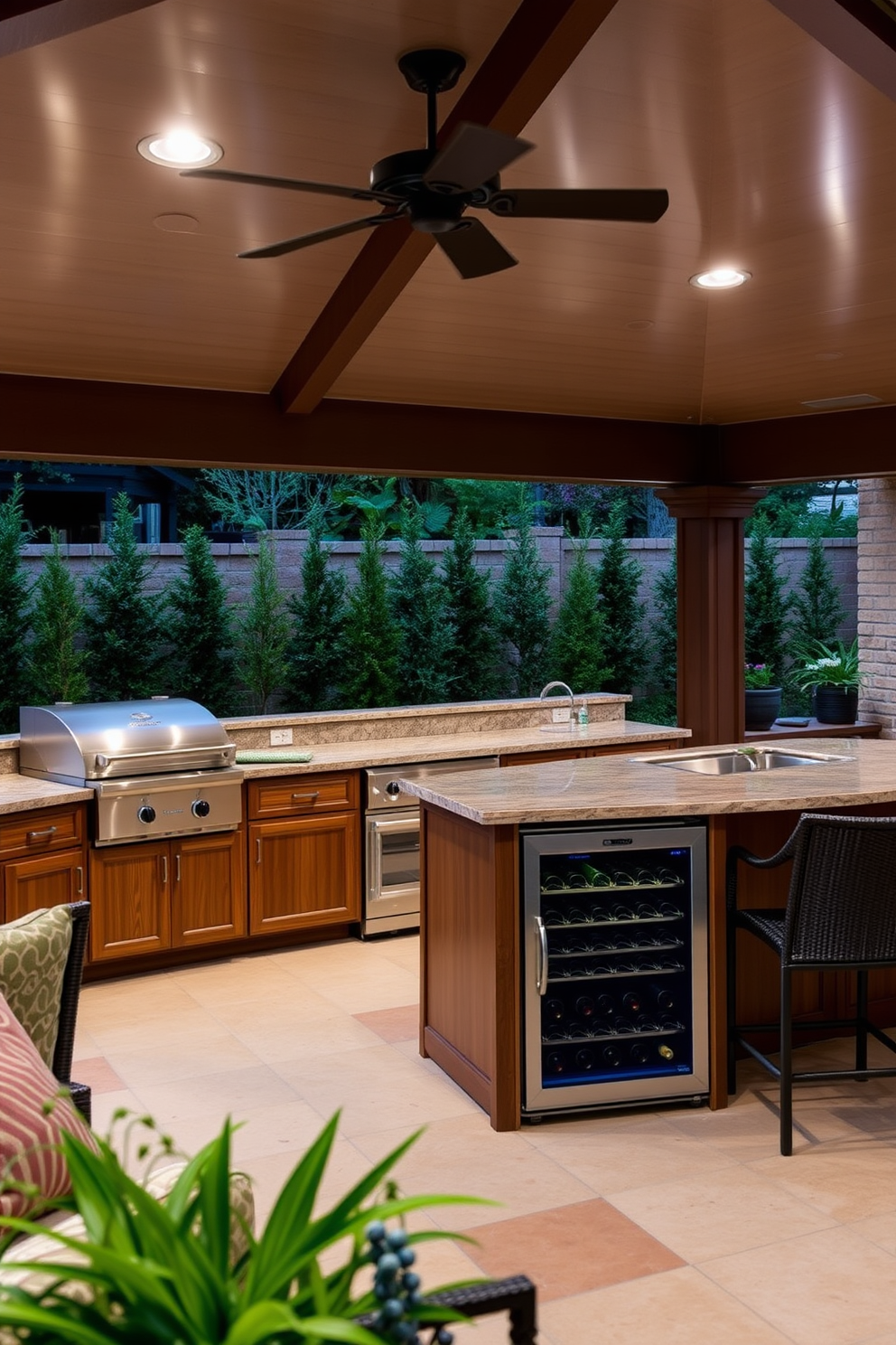 A tropical-themed outdoor kitchen featuring bamboo elements is designed to harmonize with nature. The space includes a large bamboo island with a granite countertop, surrounded by lush greenery and vibrant flowers. Incorporated appliances such as a built-in grill and refrigerator blend seamlessly into the bamboo cabinetry. The area is adorned with comfortable seating made from natural materials, providing an inviting atmosphere for outdoor dining.