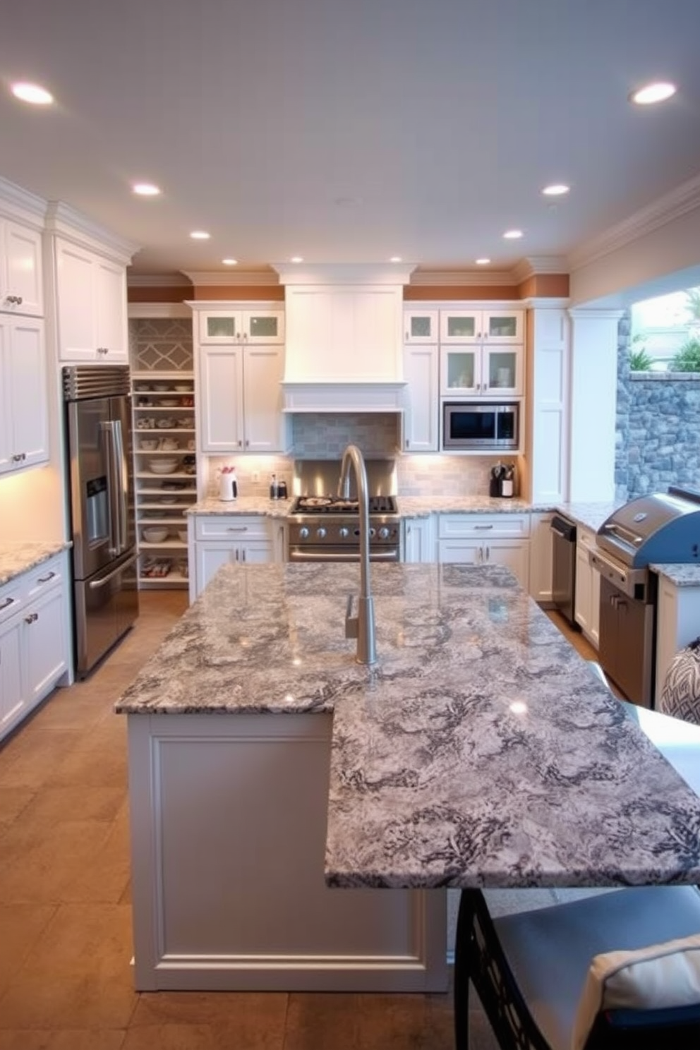 A chef's kitchen with ample prep space features a large central island topped with a durable granite surface. The cabinetry is a sleek white, complemented by stainless steel appliances and a spacious pantry for organized storage. An outdoor kitchen design includes a built-in grill and a stone countertop for food preparation. Surrounding the kitchen are comfortable seating areas with weather-resistant furniture, creating an inviting space for al fresco dining.