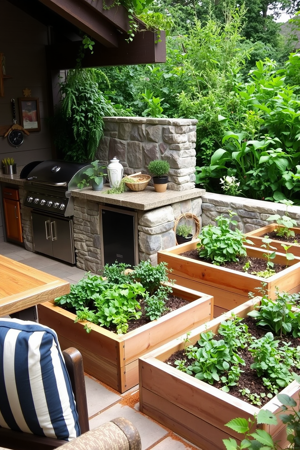 A cozy outdoor kitchen featuring raised garden beds filled with a variety of herbs and vegetables. The cooking area includes a stone grill, a wooden countertop, and comfortable seating nearby. The raised garden beds are designed with natural wood and are strategically placed to provide easy access to fresh ingredients. Lush greenery surrounds the space, creating a serene atmosphere for cooking and entertaining.