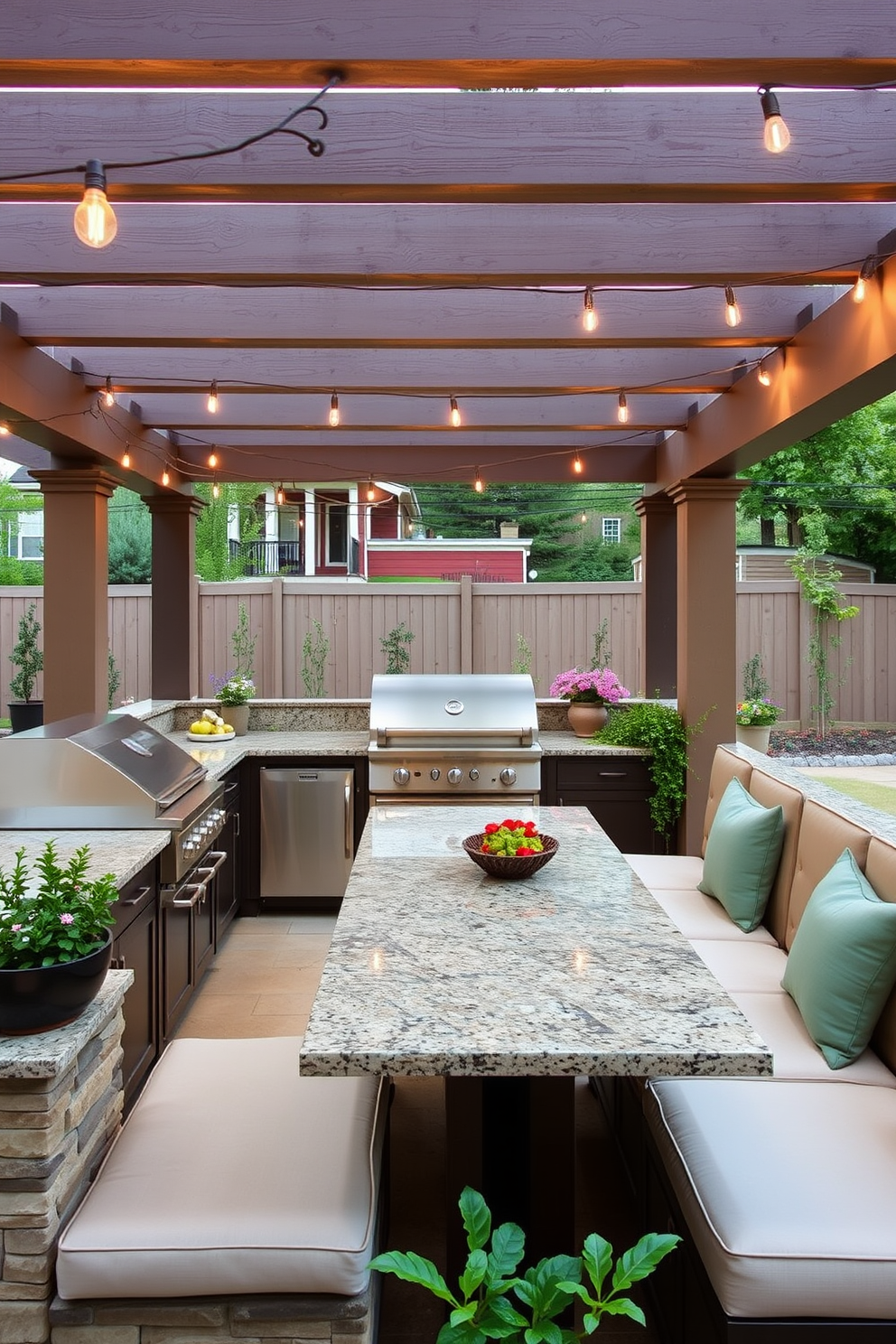 An outdoor kitchen featuring built-in seating creates an inviting space for gatherings. The kitchen includes a large grill, a sink, and a countertop made of granite, surrounded by comfortable cushioned benches. The area is adorned with hanging string lights for ambiance and a pergola providing shade. Potted herbs and plants add a touch of greenery, enhancing the overall aesthetic of the outdoor cooking experience.