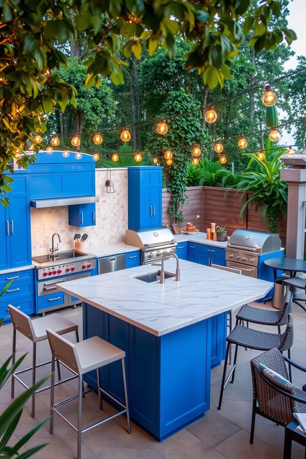 A contemporary outdoor kitchen featuring a large central island with a sleek quartz countertop. The cabinetry is a vibrant blue, complemented by stainless steel appliances and modern bar stools. The space is surrounded by lush greenery, with ambient lighting strung overhead to create a warm atmosphere. A built-in grill and a stylish outdoor dining area complete the inviting setup.