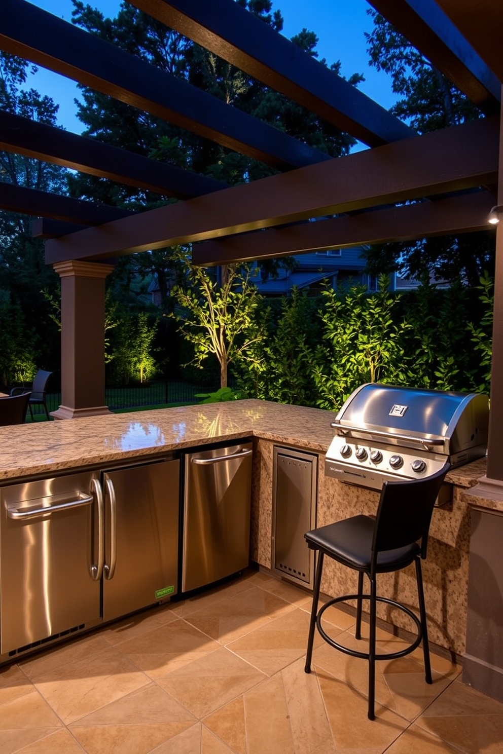 A modern outdoor kitchen features sleek stainless steel appliances including a refrigerator and a built-in grill. The countertop is made of polished granite with bar stools arranged along one side for casual dining. Surrounding the kitchen are lush green plants and a pergola providing shade, creating an inviting atmosphere for entertaining. Ambient lighting is integrated into the design, enhancing the space for evening gatherings.