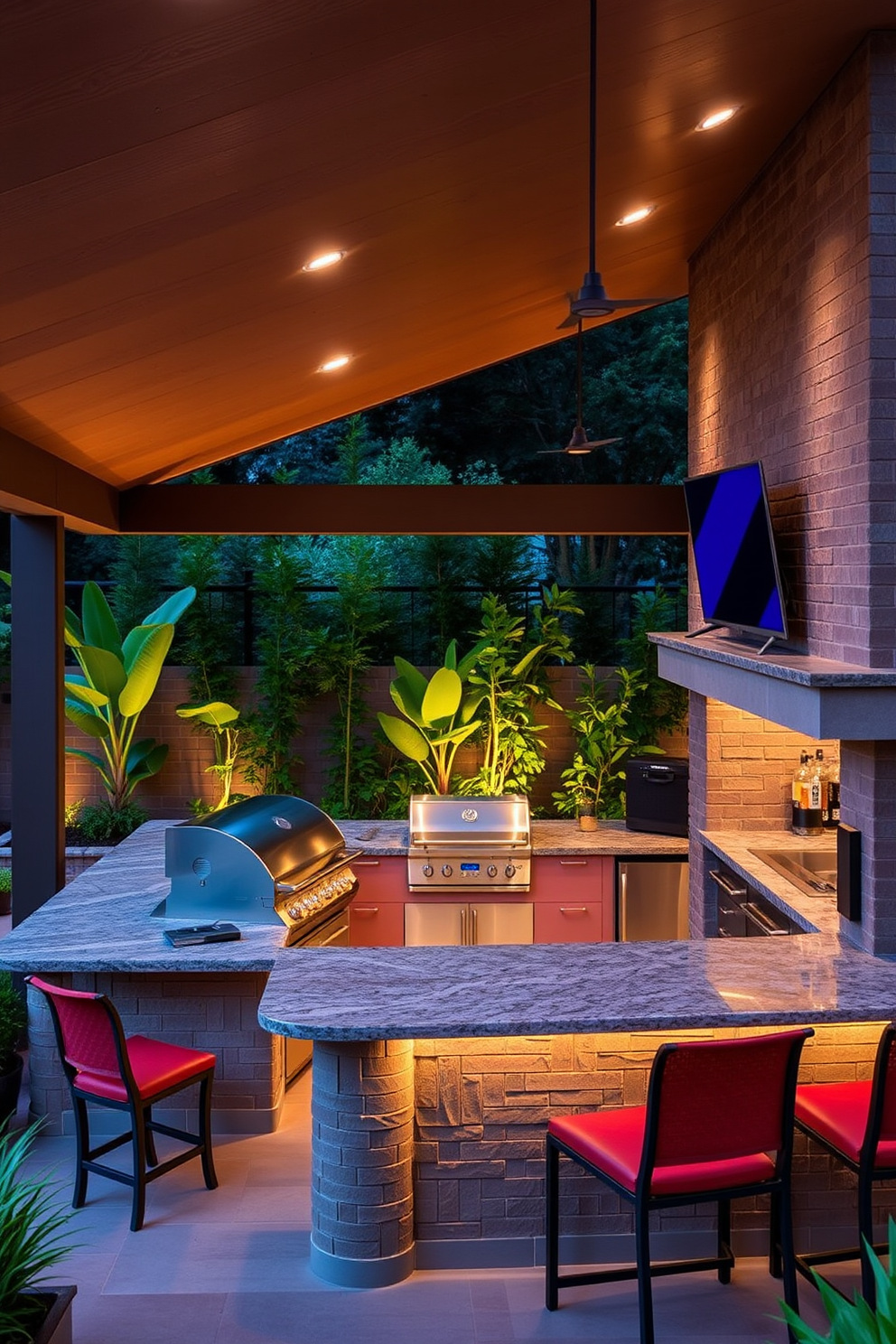 An elegant outdoor kitchen features sleek marble countertops that provide a luxurious cooking space. The area is adorned with modern stainless steel appliances and comfortable seating, perfect for entertaining guests.