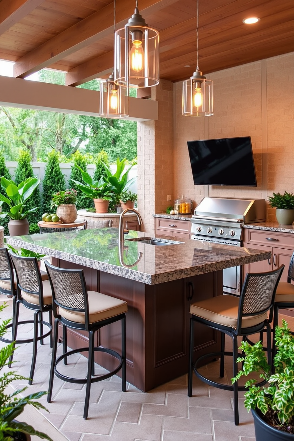 A sleek modern outdoor kitchen features a large island at its center, surrounded by stylish bar stools. The cabinetry is finished in a rich navy blue, complemented by stainless steel appliances and a built-in grill. The countertop is made of polished granite, providing ample space for food preparation and entertaining. Lush greenery surrounds the kitchen area, creating a serene and inviting atmosphere for outdoor dining.