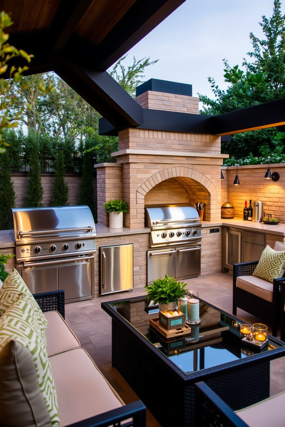 A stunning outdoor kitchen featuring a built-in pizza oven and grill combo. The space is designed with sleek stainless steel appliances and a spacious countertop for food preparation. Surrounding the kitchen are comfortable seating areas with weather-resistant furniture. Lush greenery and decorative lighting enhance the inviting atmosphere for outdoor dining and entertaining.