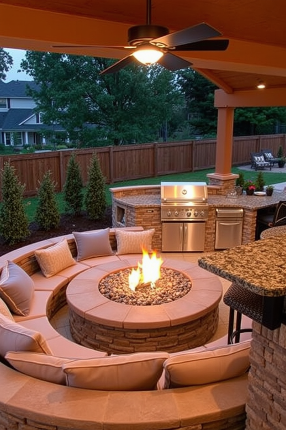 A cozy fire pit surrounded by comfortable seating creates an inviting outdoor gathering space. The seating consists of plush cushions on a circular stone bench, with a warm glow from the fire illuminating the area. An outdoor kitchen design features a sleek stainless steel grill and a granite countertop for food preparation. There are bar stools positioned around the counter, making it a perfect spot for entertaining guests.