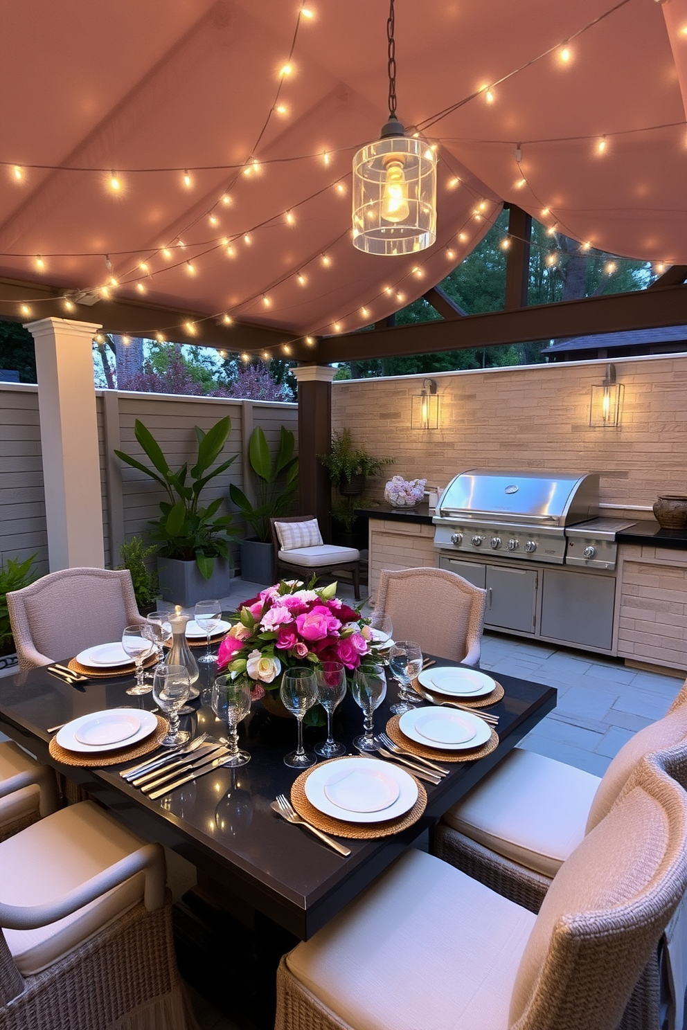 An elegant dining table is set under a canopy of warm string lights creating a cozy atmosphere. The table is adorned with fine china, crystal glassware, and a centerpiece of fresh flowers, inviting guests to enjoy a memorable meal. The outdoor kitchen features a sleek stainless steel grill and a spacious countertop for food preparation. Surrounding the kitchen are lush green plants and comfortable seating areas, perfect for entertaining family and friends.