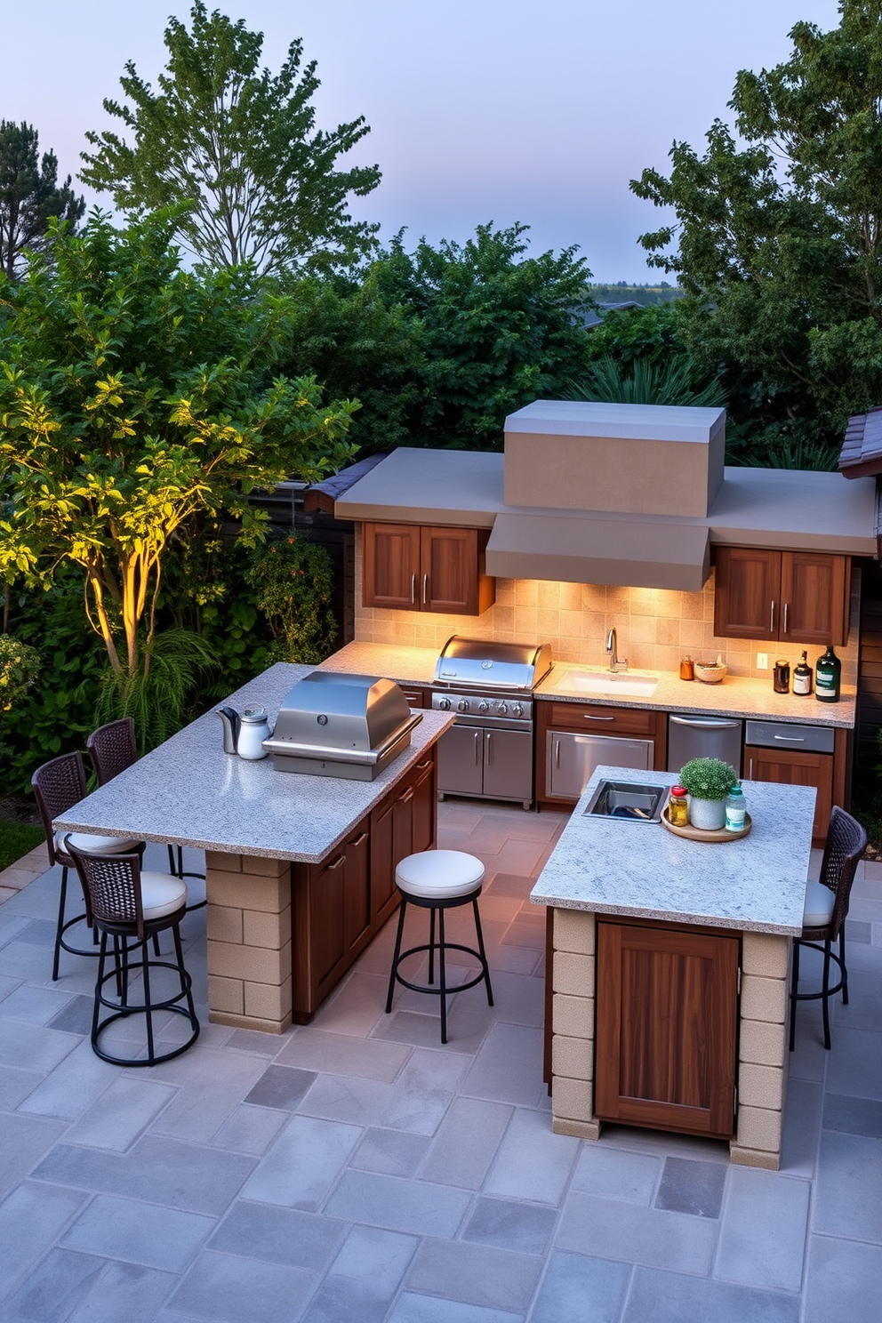 A functional outdoor kitchen featuring a spacious island with a built-in grill and ample counter space for food preparation. The cabinetry provides plenty of storage solutions for utensils and cooking supplies, seamlessly blending with the surrounding landscape. The area is adorned with comfortable seating, allowing for both dining and relaxation. String lights overhead create a warm ambiance for evening gatherings, enhancing the outdoor experience.