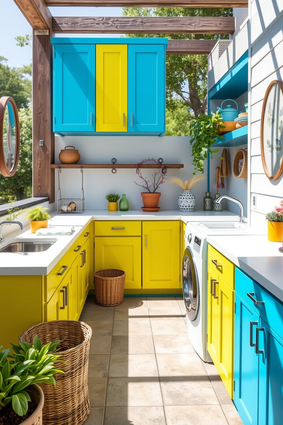 Cozy cottage style with floral accents. The outdoor laundry room features a charming wooden structure with a sloped roof and large windows allowing natural light to flood in. The walls are painted in soft pastel hues, adorned with floral wallpaper that adds a touch of whimsy. A vintage washing machine sits beside a rustic wooden countertop, surrounded by potted plants and hanging herbs for a fresh, inviting atmosphere.