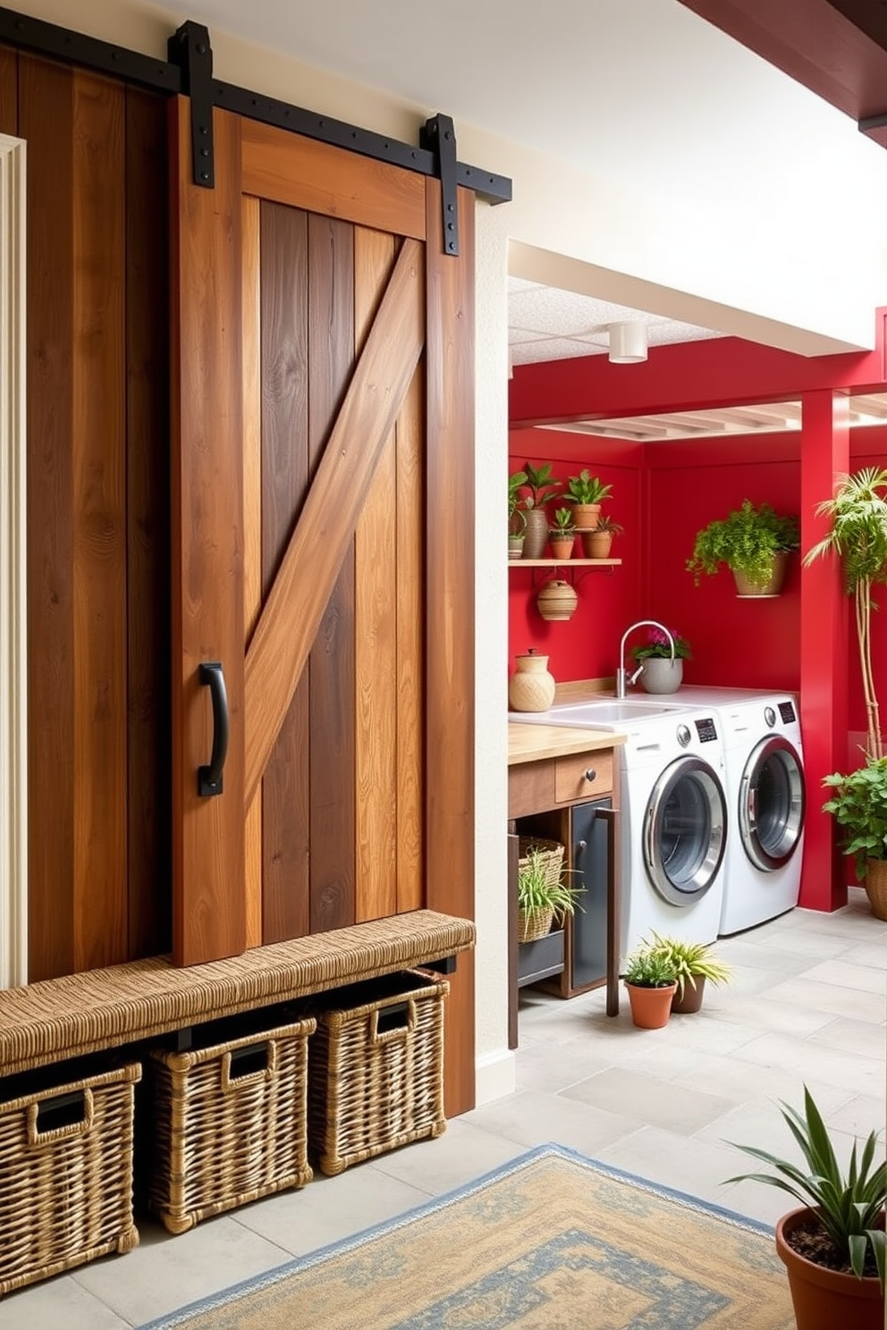 A stylish entryway featuring a sliding barn door made of reclaimed wood. The door is complemented by a rustic entry bench with woven baskets underneath for storage. An outdoor laundry room designed with a combination of weather-resistant materials and vibrant colors. The space includes a large countertop for folding clothes and a utility sink surrounded by potted plants for a fresh look.