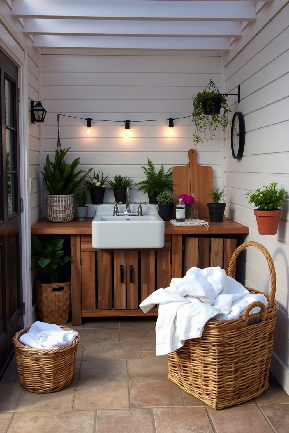 A serene outdoor laundry room with a rustic charm. The space features a wooden countertop with a farmhouse sink, surrounded by potted plants and soft ambient lighting. The walls are adorned with shiplap, painted in a soft white hue, and the floor is made of weather-resistant tiles. A wicker basket filled with fresh linens sits nearby, completing the inviting atmosphere.