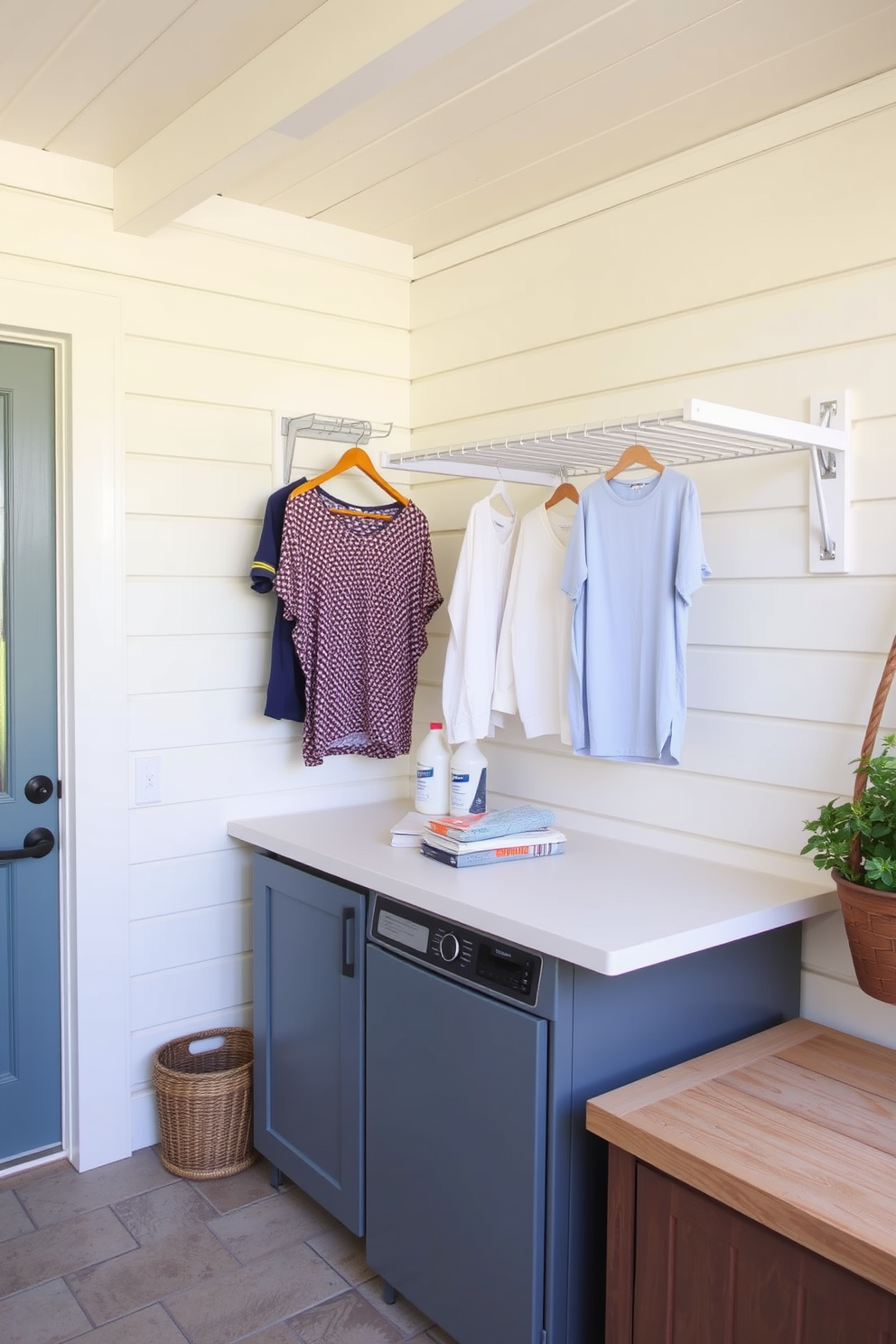 A functional outdoor laundry room features wall-mounted drying racks that maximize space efficiency. The design includes a sturdy countertop for folding clothes, complemented by a weather-resistant cabinet for storing laundry supplies.