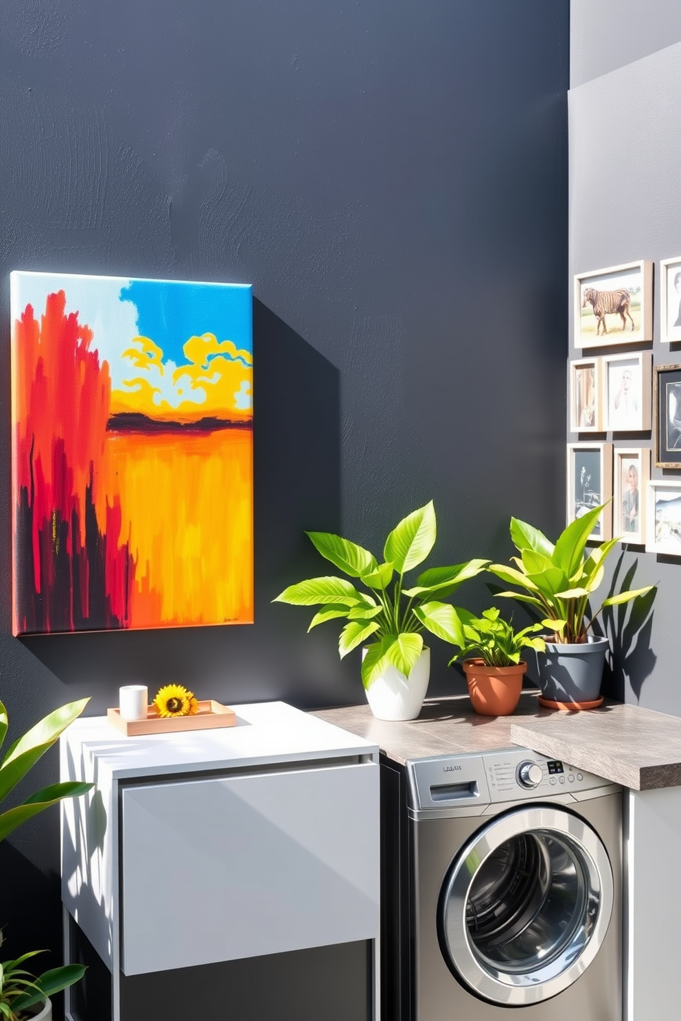 Creative wall art for personal flair. A large canvas painting with vibrant colors hangs above a sleek console table, while smaller framed prints are arranged in a gallery style on the adjacent wall. Outdoor Laundry Room Design Ideas. The space features a functional layout with a built-in countertop for folding clothes, while potted plants add a touch of greenery and warmth to the area.