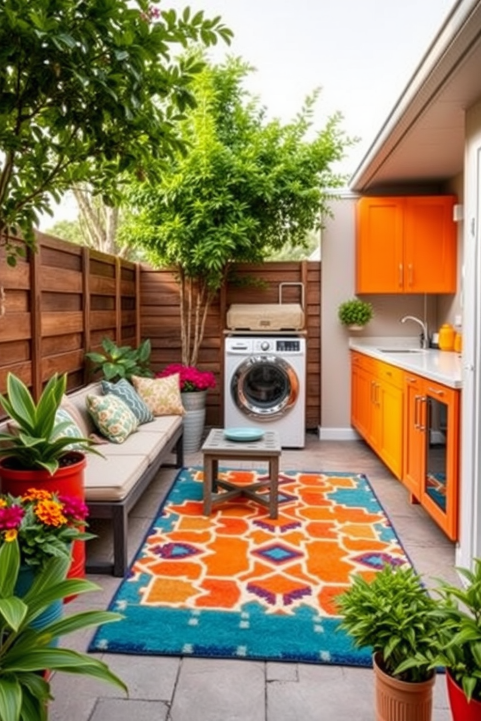 A vibrant outdoor rug in a bold geometric pattern adds a lively pop of color to the space. The rug is placed under a cozy seating area surrounded by lush greenery and colorful potted plants. The outdoor laundry room features a practical layout with ample storage and a stylish countertop. Brightly colored cabinets contrast with the soft hues of the walls, creating an inviting atmosphere.