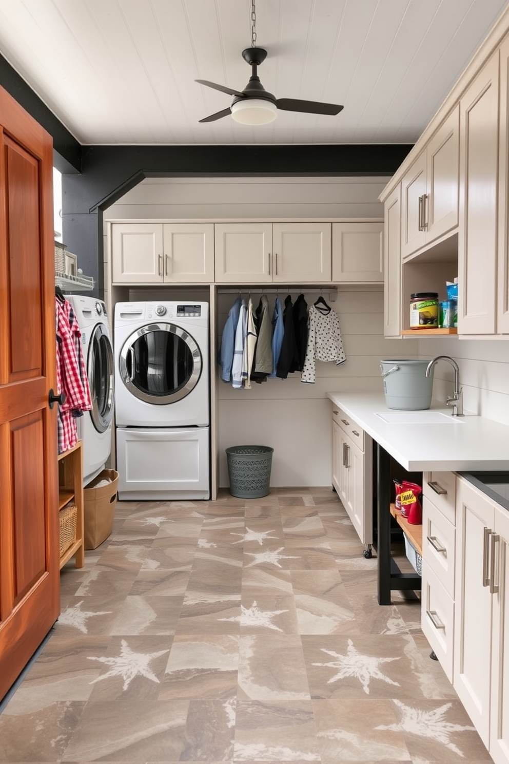 A spacious outdoor laundry room features durable flooring designed for weather resistance. The space includes a functional countertop for folding clothes and ample storage cabinets to keep supplies organized.