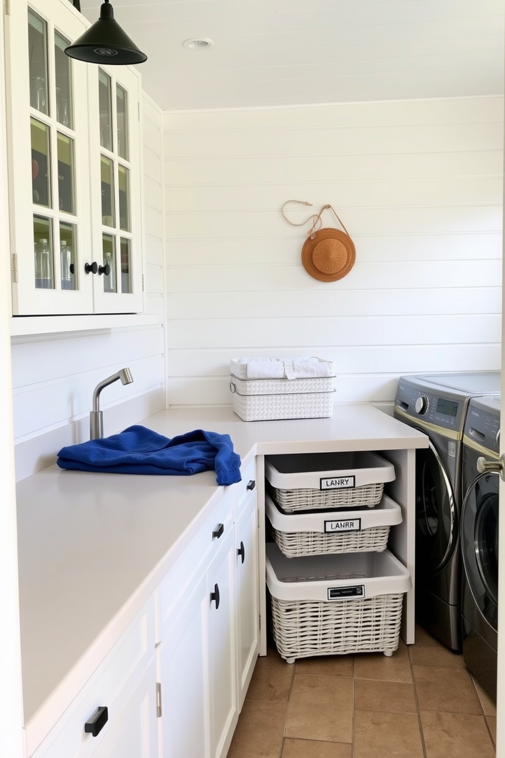 A charming outdoor laundry room featuring spacious countertops for folding clothes. Stylish laundry baskets are neatly arranged with clear labels for easy organization.