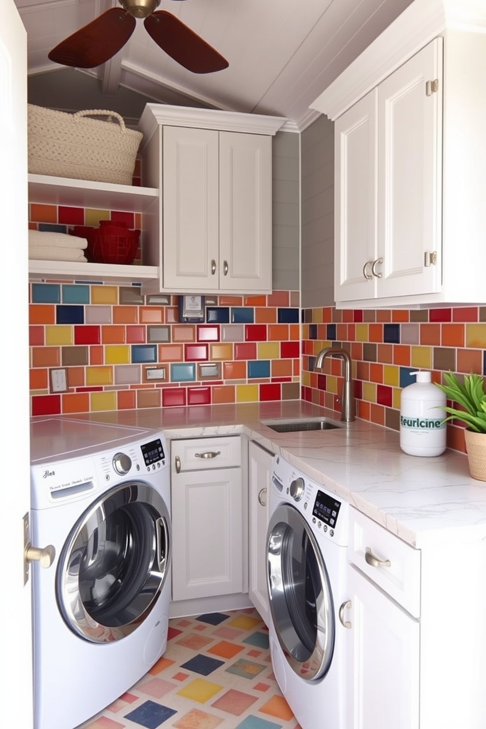 A vibrant outdoor laundry room features a colorful backsplash that adds visual interest. The space includes functional storage solutions and a stylish countertop for folding clothes.