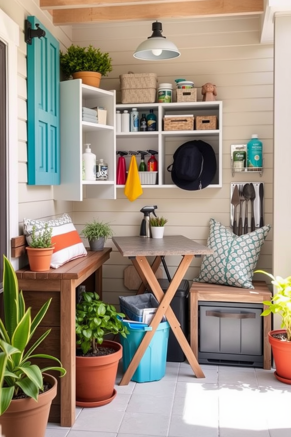 A stylish outdoor laundry room featuring multi-functional furniture. There is a compact folding table that doubles as a workspace and storage unit, surrounded by organized shelves for laundry supplies. The space includes a weather-resistant bench with built-in storage for outdoor tools and cleaning supplies. Bright, durable tiles cover the floor, and potted plants add a touch of greenery to the design.