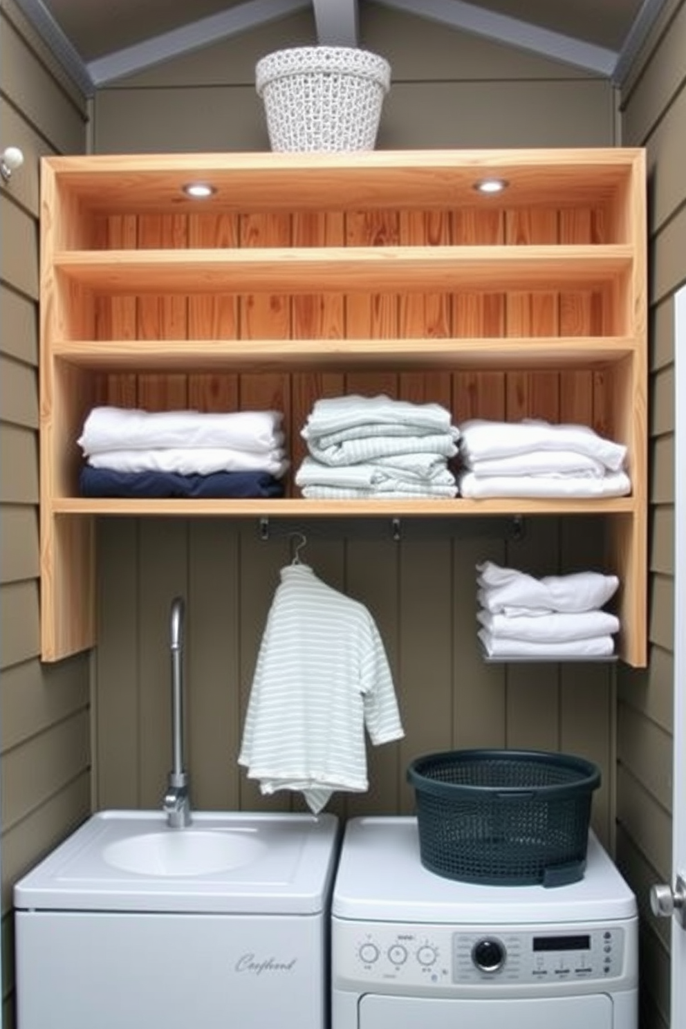 Open shelving design for an outdoor laundry room. The shelves are made of weather-resistant wood and are arranged neatly above a countertop for folding clothes.