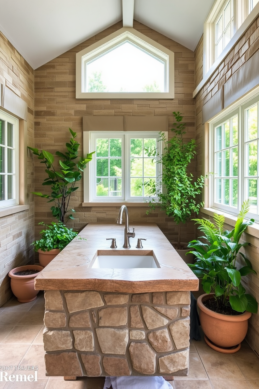 A serene outdoor laundry room features natural stone accents that enhance its elegance. The space includes a rustic stone countertop with a built-in sink, surrounded by lush greenery and potted plants. The walls are adorned with natural stone tiles, creating a seamless connection with the outdoor environment. Bright, airy windows allow ample natural light to flood the room, making it a pleasant space for laundry tasks.