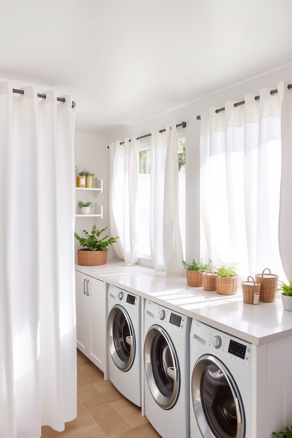 Bright curtains flutter gently in the breeze, allowing soft sunlight to filter into the space. The outdoor laundry room features a stylish design with ample storage and a functional layout. The walls are painted in a light, airy color that complements the bright curtains. A spacious countertop is adorned with baskets for organizing laundry essentials, and plants add a touch of greenery to the setting.