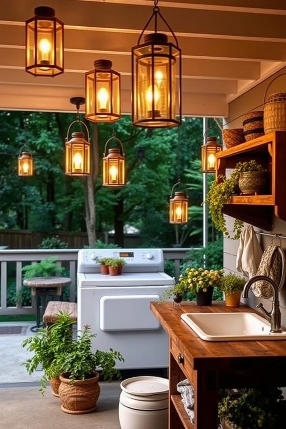 Charming lanterns for outdoor ambiance. Picture a cozy patio illuminated by soft, warm light from hanging lanterns of various sizes, casting gentle shadows on the surrounding greenery. Outdoor laundry room design ideas. Envision a functional yet stylish outdoor laundry space with a rustic wooden countertop, open shelving for storage, and a farmhouse sink surrounded by potted plants for a refreshing touch.