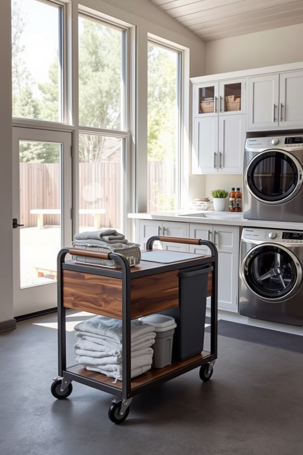 A portable cart designed for laundry transport sits in a spacious outdoor laundry room. The cart features a sleek metal frame with wooden accents and ample storage space for laundry essentials. Surrounding the cart, the outdoor laundry room boasts bright white cabinetry and a large countertop for folding clothes. Natural light floods the space through large windows, creating a fresh and inviting atmosphere.