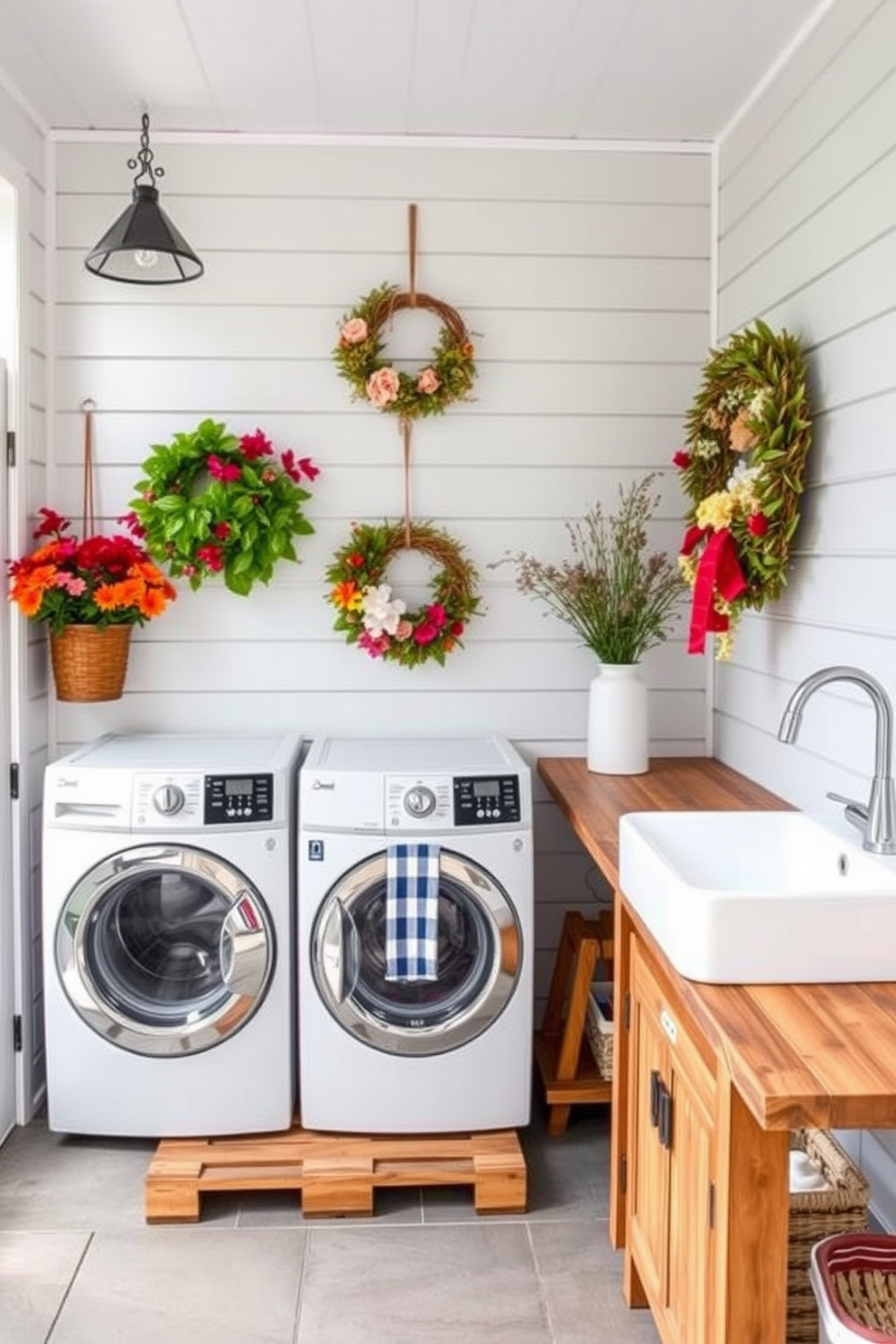 Seasonal decor enhances the charm of an outdoor laundry room. Incorporate elements like vibrant flowers and seasonal wreaths to create a welcoming atmosphere. For the layout, envision a spacious area with ample storage solutions. Include a rustic wooden countertop for folding clothes and a stylish sink for convenience.