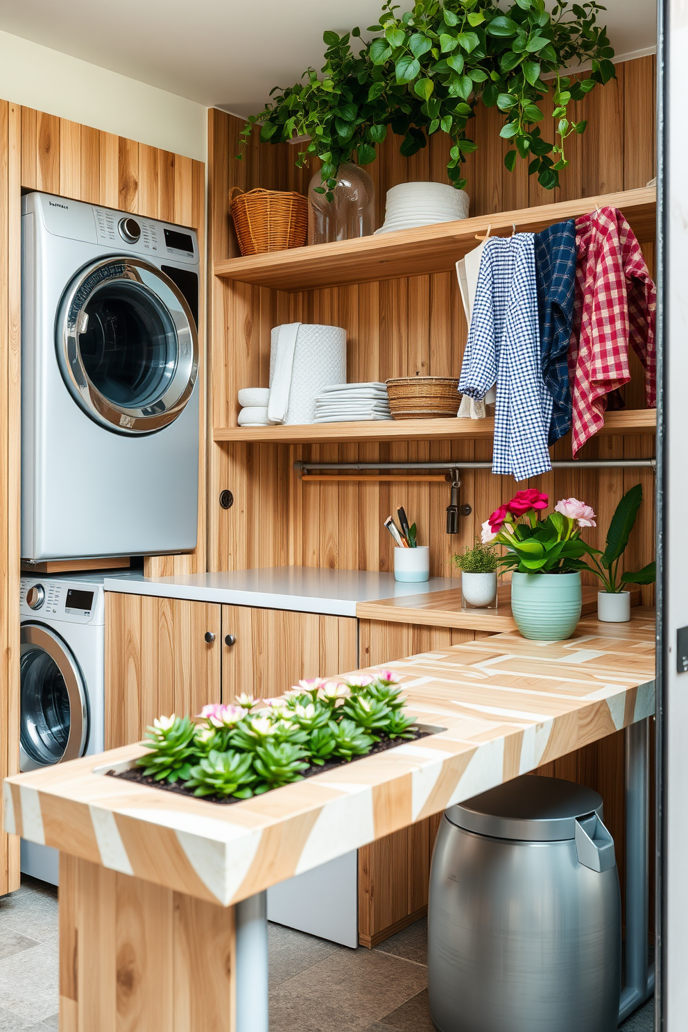 Textured walls create an inviting atmosphere with a mix of materials such as wood and stone. The design features a practical layout with ample storage and a functional workspace for laundry tasks. The outdoor laundry room is bright and airy, with large windows that let in natural light. It includes a stylish countertop for folding clothes and a dedicated area for hanging garments to dry.