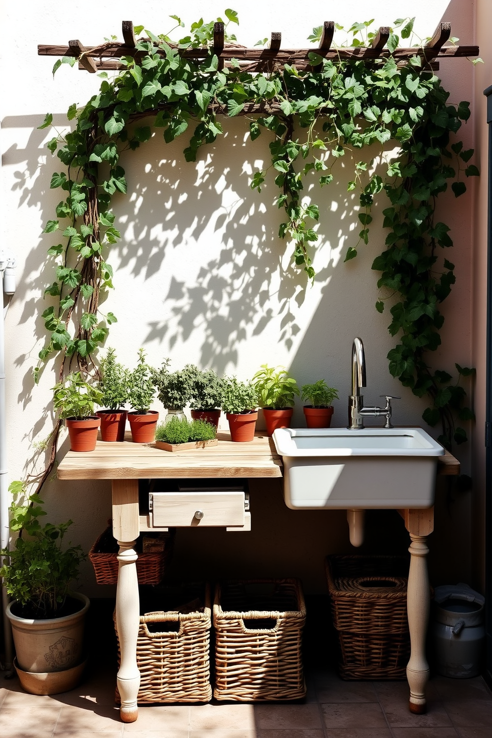 A charming outdoor laundry room featuring a rustic wooden table with potted herbs arranged neatly on top. The walls are adorned with soft pastel colors, while woven baskets are placed below for storage, creating an inviting and functional space. Sunlight filters through a trellis covered with climbing vines, casting playful shadows across the room. A vintage-style sink sits beside the table, enhancing the overall aesthetic with a touch of farmhouse elegance.