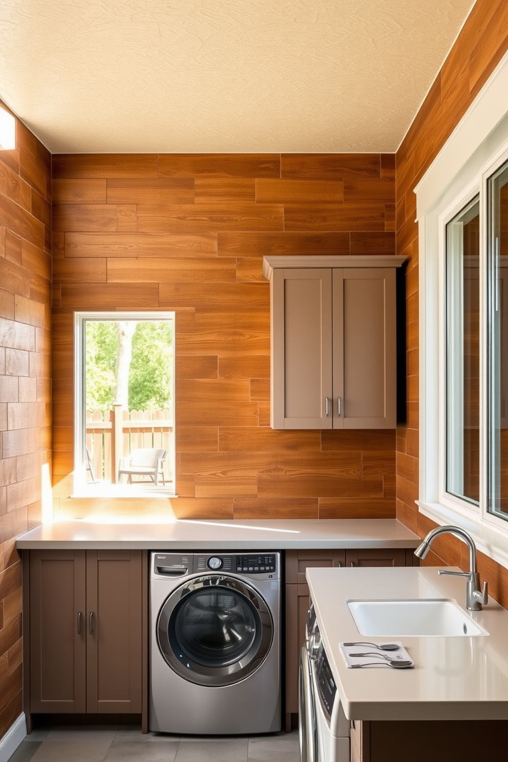 A cozy outdoor laundry room featuring a durable outdoor rug that defines the laundry space. The area is accented with bright, cheerful colors and ample storage for laundry essentials.