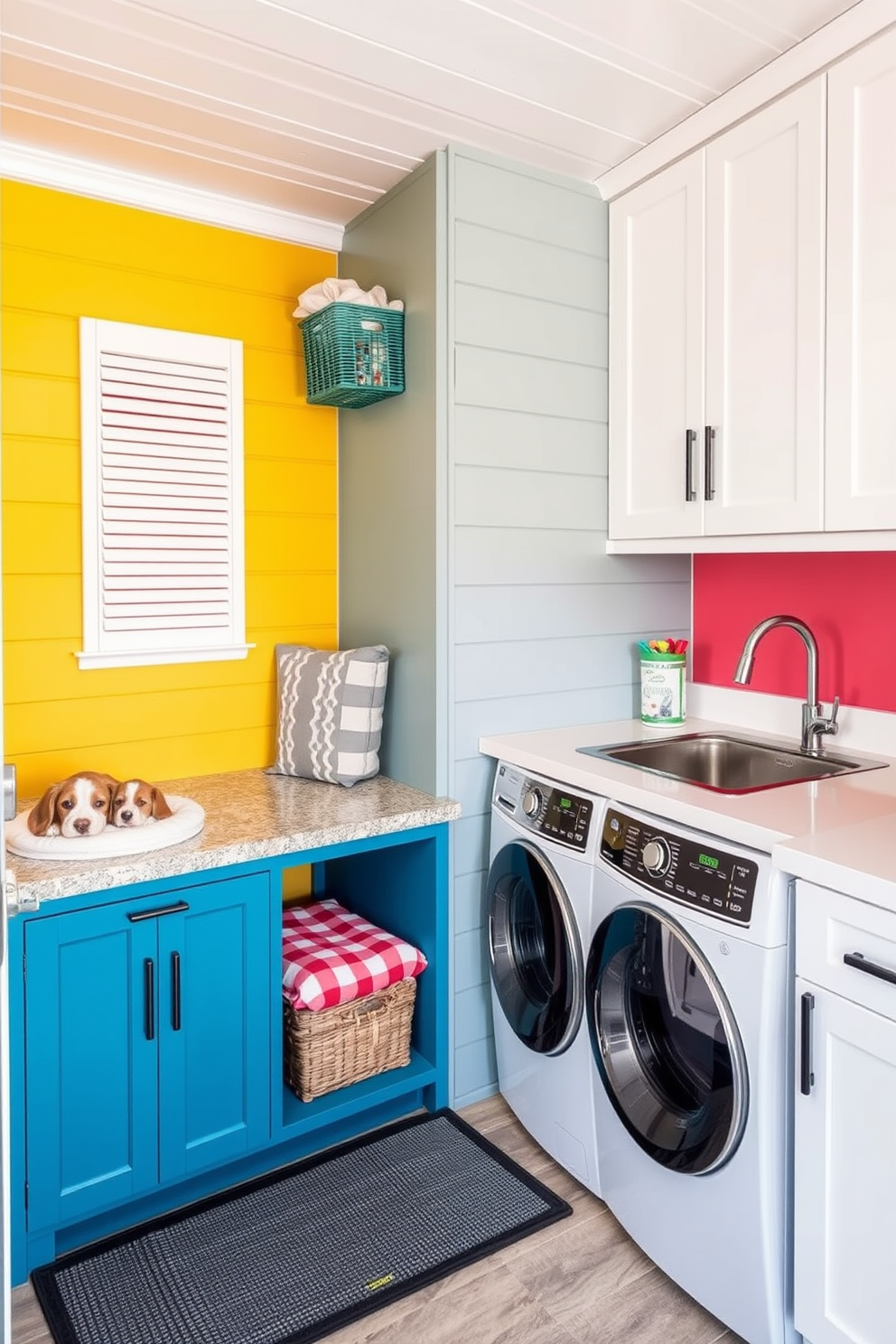 A functional pet area designed for furry friends features a cozy nook with a soft bed and stylish storage for toys. The space includes a feeding station with elevated bowls and a durable mat to catch spills, all set against a cheerful backdrop of bright colors. An outdoor laundry room design incorporates a practical layout with ample counter space for folding clothes. Equipped with a utility sink and storage cabinets, this space seamlessly blends functionality with a charming outdoor aesthetic.