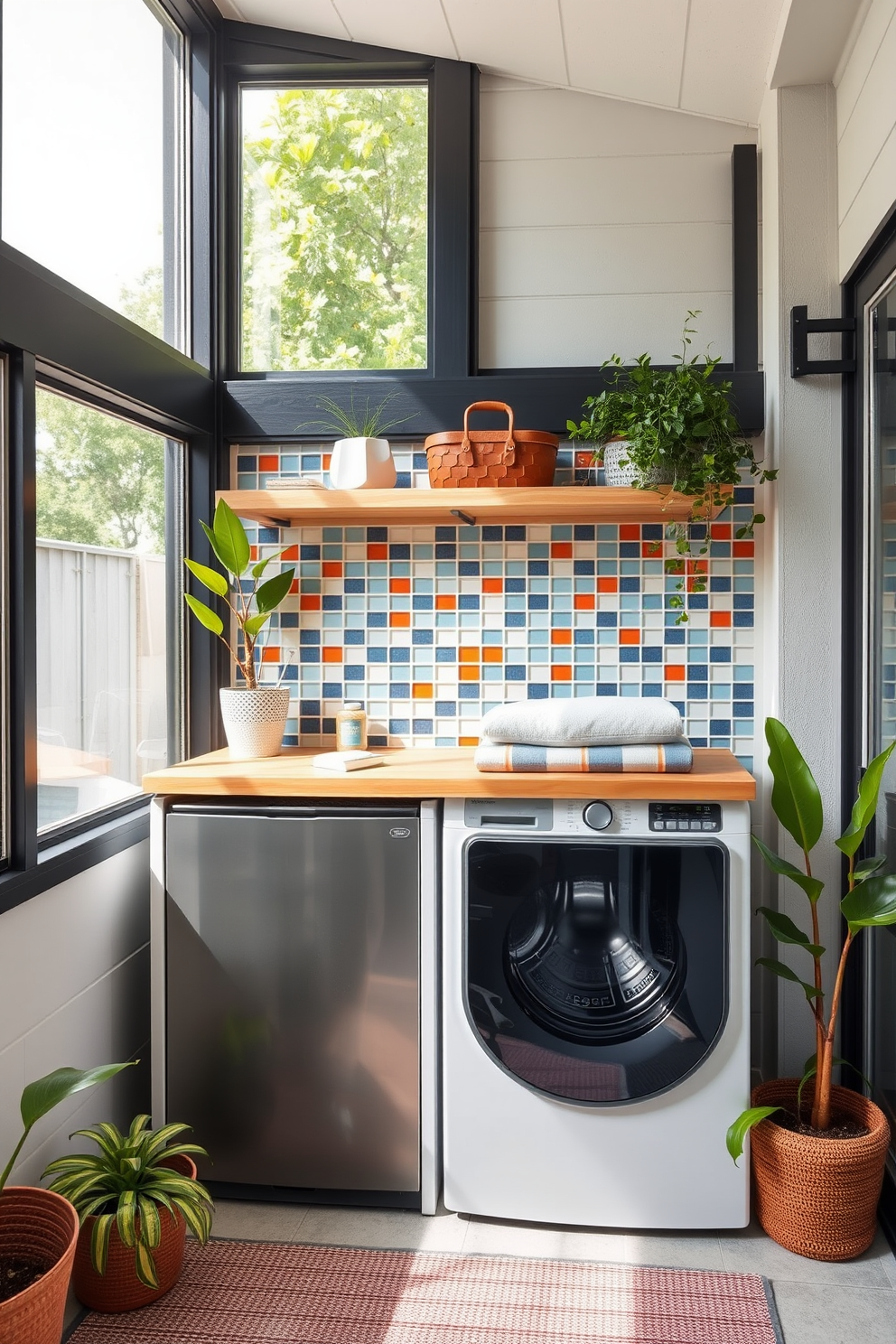 A compact washer dryer combo is seamlessly integrated into a stylish outdoor laundry room. The design features a sleek, modern unit with a wooden countertop above for folding clothes and a vibrant backsplash of colorful tiles. Natural light floods the space through large windows, illuminating the area and creating a welcoming atmosphere. Potted plants are strategically placed around the room, adding a touch of greenery and freshness to the outdoor setting.