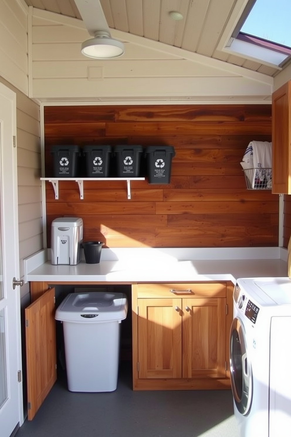 A charming outdoor laundry room features an integrated drying line for delicate items, elegantly strung across the space. The room is adorned with soft pastel colors, complemented by rustic wooden shelves holding neatly arranged laundry supplies.