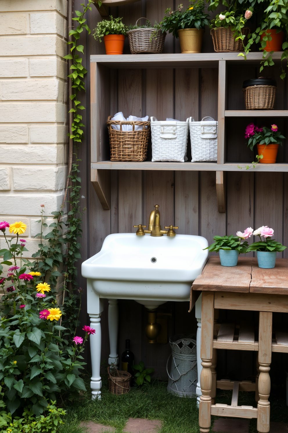 A vibrant outdoor laundry room featuring bright blue cabinetry and sunny yellow walls. The space includes a large farmhouse sink and open shelving adorned with colorful baskets and potted plants. The floor is tiled with cheerful patterned ceramic tiles that add a playful touch. Sunlight streams in through large windows, creating an inviting atmosphere for laundry chores.