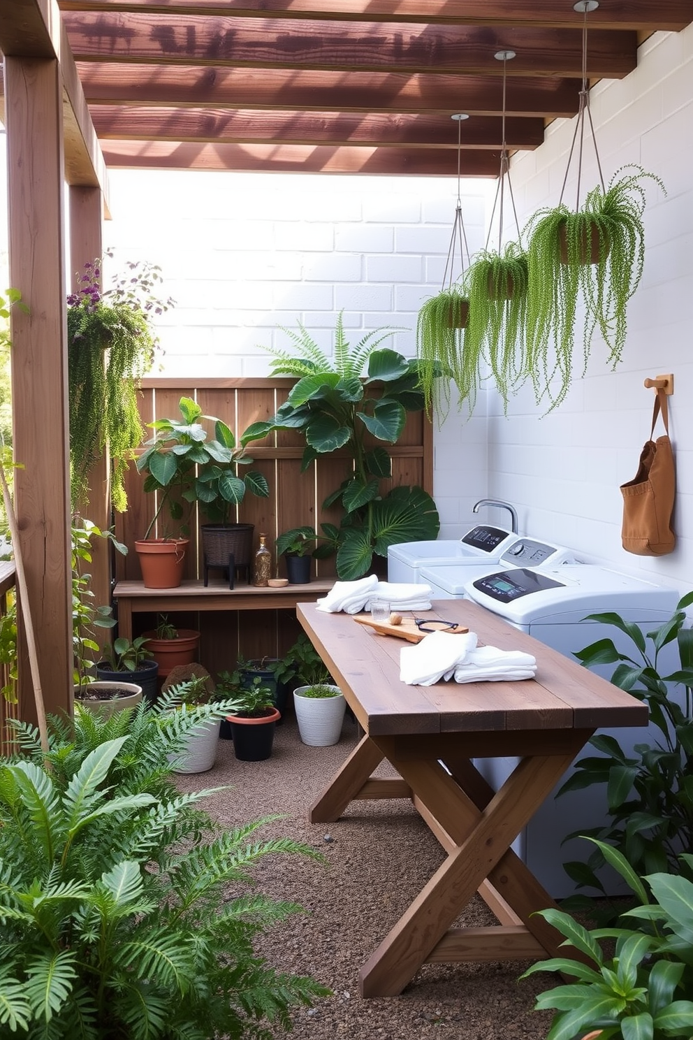 A serene outdoor laundry room surrounded by lush greenery. The space features a rustic wooden table for folding clothes, with potted plants and hanging ferns adding a refreshing touch.