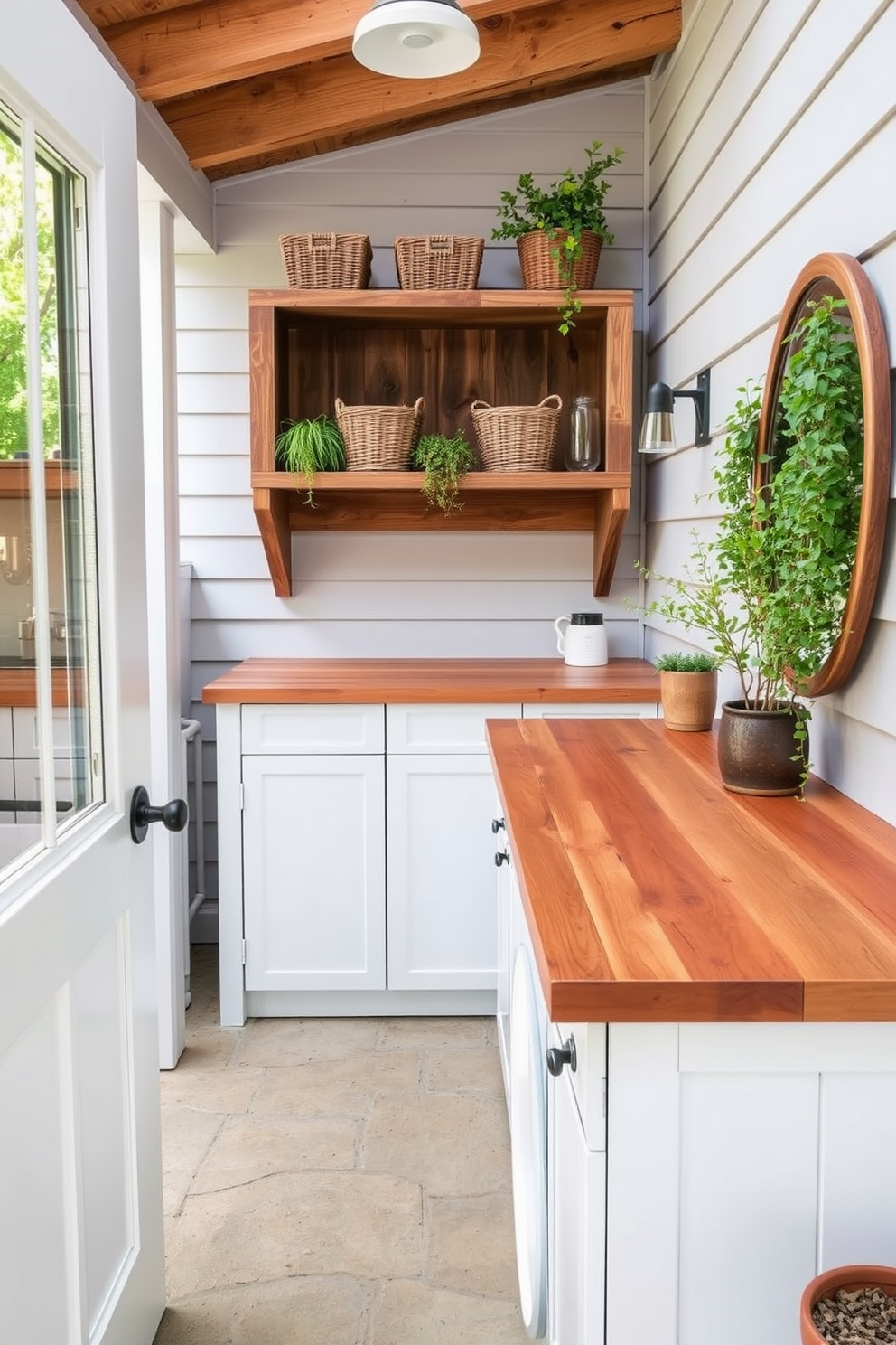 A charming outdoor laundry room featuring wooden countertops that evoke a rustic feel. The space is adorned with open shelving made from reclaimed wood, showcasing neatly arranged baskets and plants for a touch of greenery.