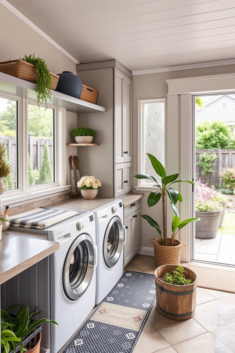 A functional folding station designed for convenience features a spacious countertop made of durable weather-resistant materials. The area is equipped with ample storage solutions, including cabinets and shelves, to keep laundry essentials organized and easily accessible. The outdoor laundry room is designed with natural light in mind, incorporating large windows and a sliding door that opens to a garden view. The space is adorned with vibrant plants and decorative elements that create a welcoming and refreshing atmosphere.