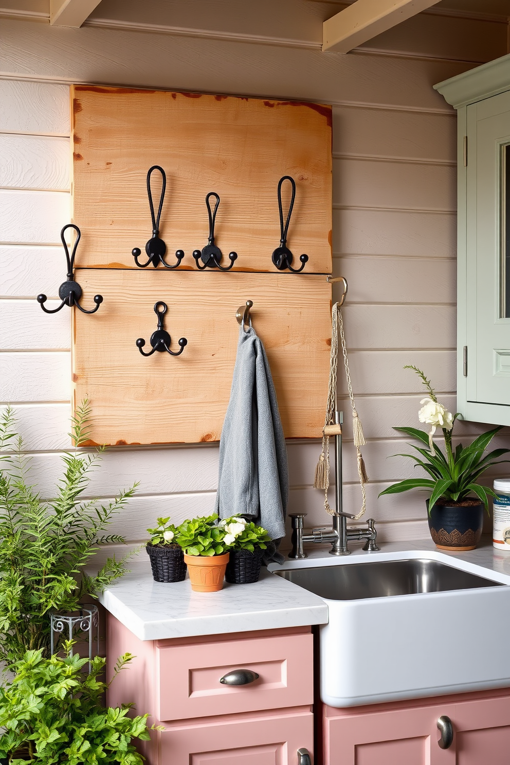 Decorative wall hooks for hanging clothes are mounted on a rustic wooden board, creating an inviting space. The hooks are arranged in an artistic pattern, showcasing a mix of finishes like matte black and brushed brass. The outdoor laundry room features a charming design with weather-resistant cabinetry painted in a soft pastel hue. A large sink is positioned next to the countertop, surrounded by potted plants that add a touch of greenery to the space.