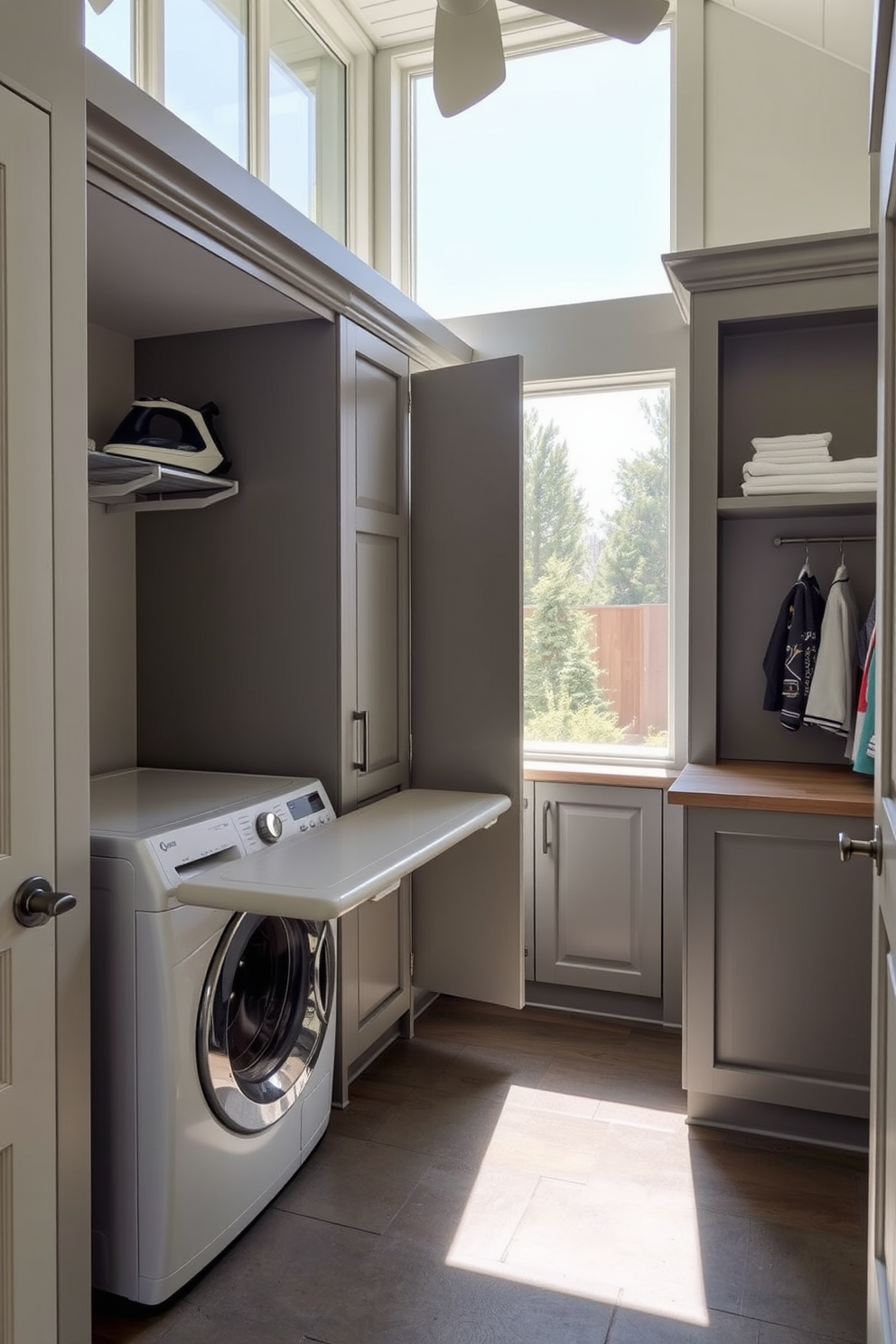 A functional outdoor laundry room features a built-in ironing board that seamlessly folds down from the wall. The space is designed with ample storage, including cabinets for laundry supplies and a countertop for folding clothes. Natural light floods the room through large windows, creating a bright and inviting atmosphere. The flooring is durable and weather-resistant, ensuring longevity and ease of maintenance.