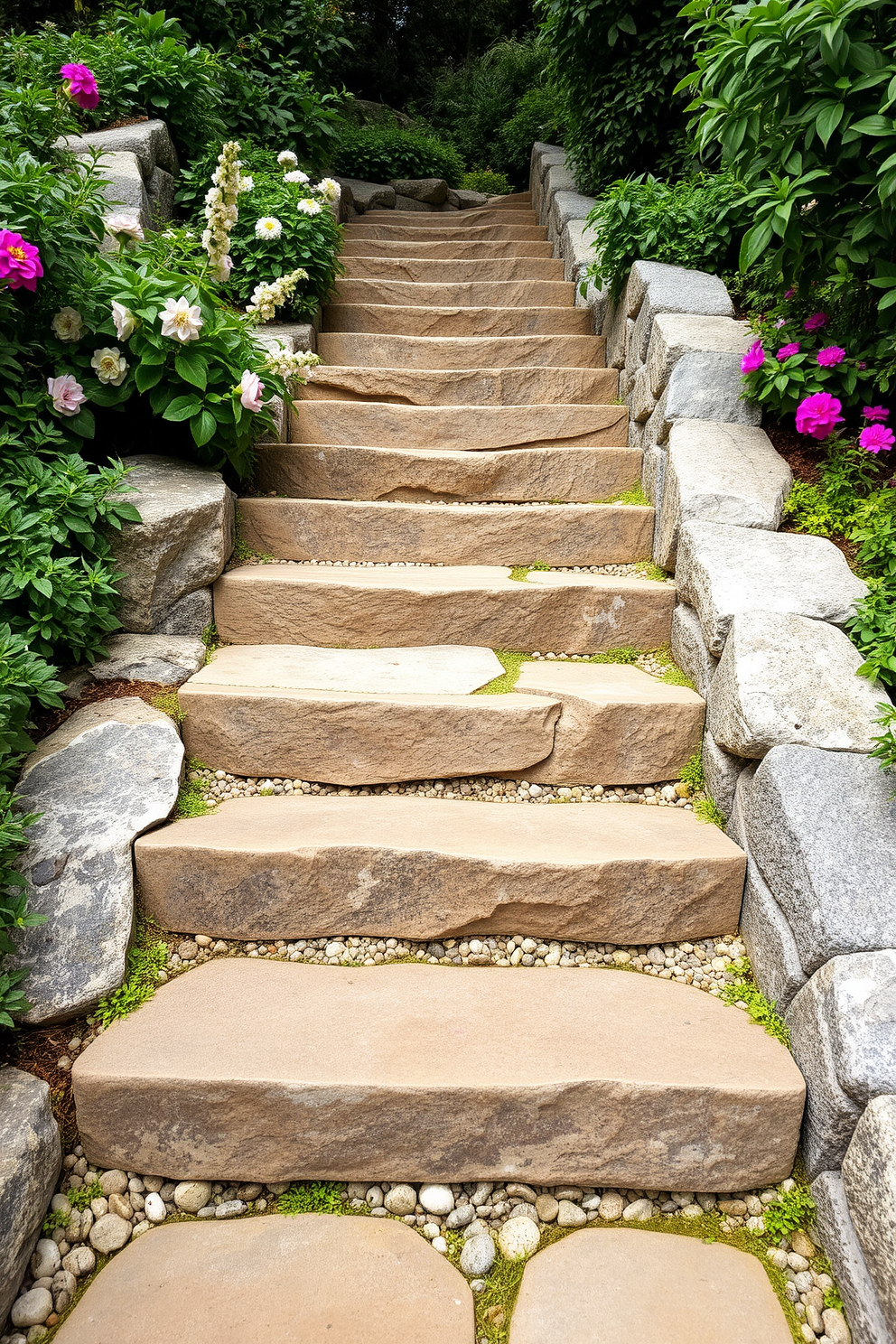 Wooden steps lead gracefully upwards, surrounded by vibrant greenery and blooming flowers. The staircase features natural wood finishes that blend harmoniously with the lush garden backdrop, creating an inviting outdoor space.