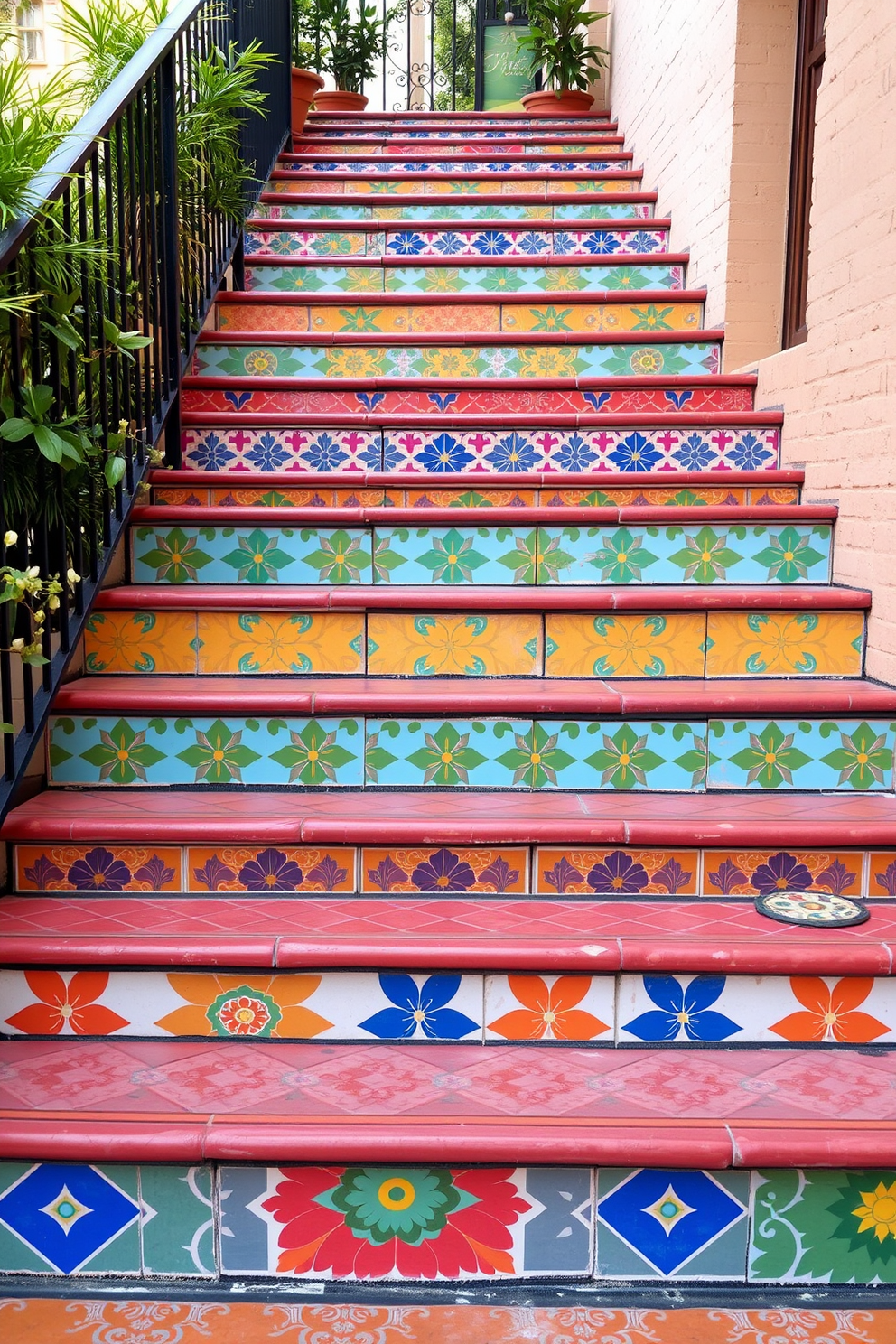 Colorful tile steps create a vibrant and inviting atmosphere for an outdoor staircase. Each step features a unique pattern and bright hues that enhance the overall aesthetic of the space.